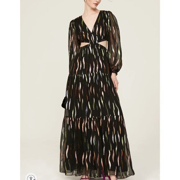 Shoshanna Black Metallic Ribbon Maxi Dress SIZE 6 Cut Out Balloon Sleeves $648